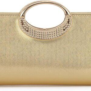 Gold PU Leather Clutch Purse for Women Evening Bag with Detachable Chain and Rhi